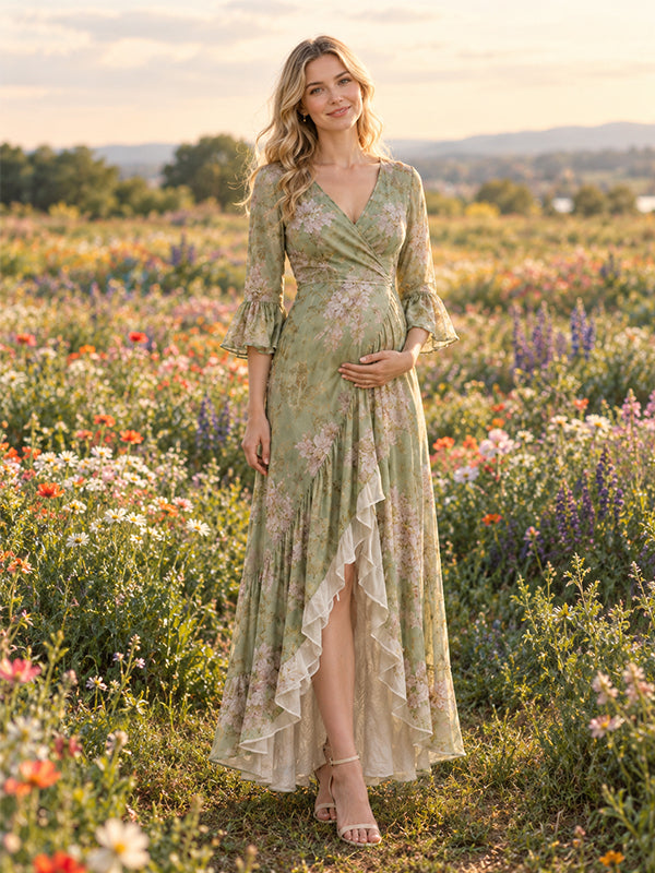 Army Green Printed Maternity Maxi Dress with Ruffle Details and Irregular Hem and Flare Sleeves, Photoshoot Occasion