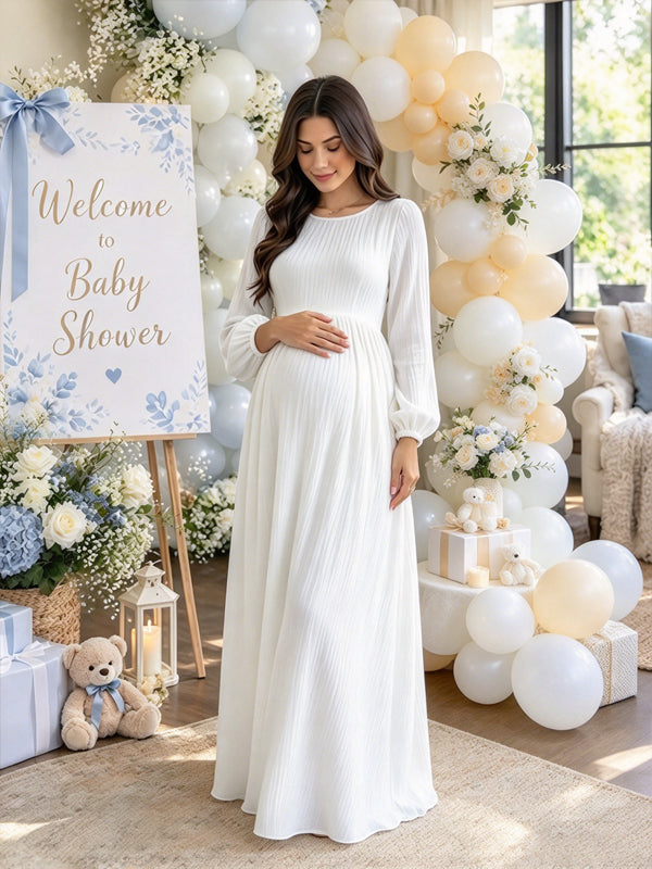 White A-Line Ruched Maternity Maxi Dress with Flowing Skirt and Elegant Big Swing Design