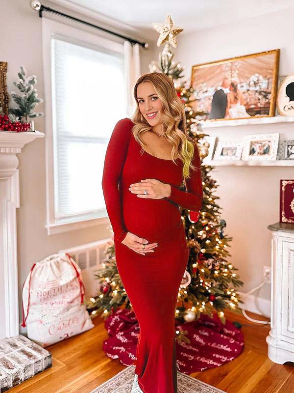 Momyknows Burgundy Ruched Square Neck Bodycon Christmas Going Out Elegant Maternity Photoshoot Maxi Dress