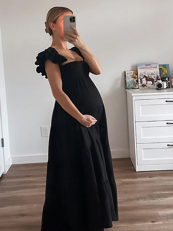 Momyknows Black Falbala SleeveSpaghetti Strap Ruffle  Maternity Maxi Dress