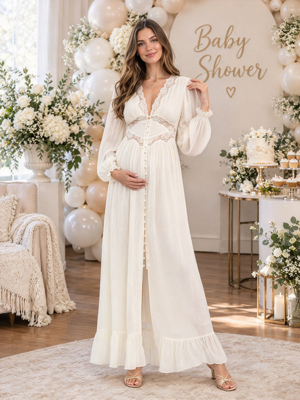 Ivory-White Lace Maternity Maxi Dress with Ruffle Details and Flowing Fit