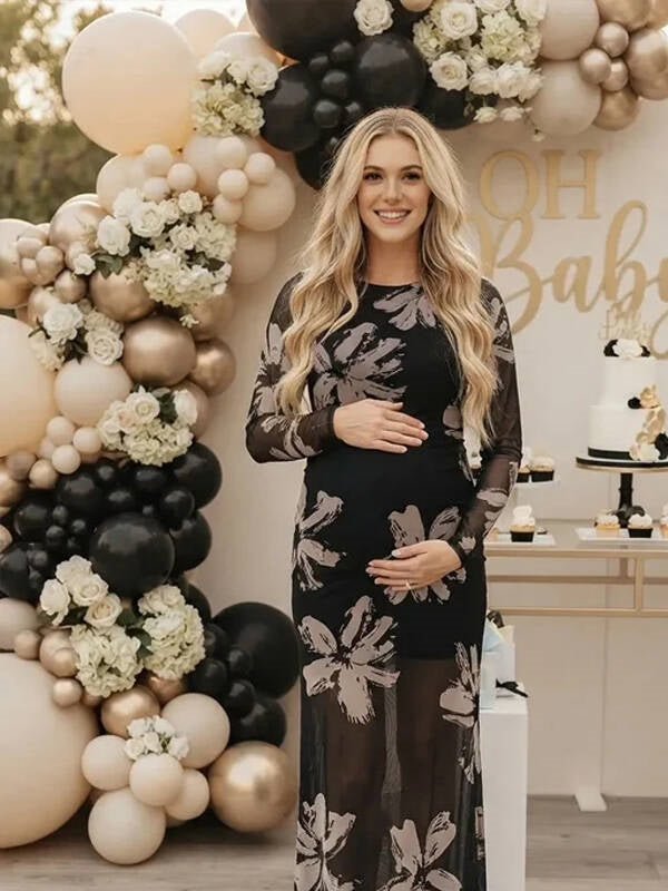 Black Print Double Layer Tulle Maternity Maxi Dresses