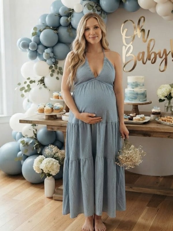Momyknows Grayish Blue Halter Neck Spaghetti Strap Ruched Maternity Baby Shower Maxi Dress - Grayish Blue - 3
