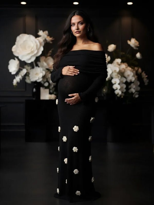 Momyknows Black Off Shoulder 3D Flower Backless Crochet Maternity Baby Shower Maxi Dress - Black - 7