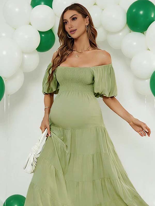 Momyknows Chic Green Ruffle A-Line Off Shoulder Photoshoot Baby Shower Maternity Maxi Dress