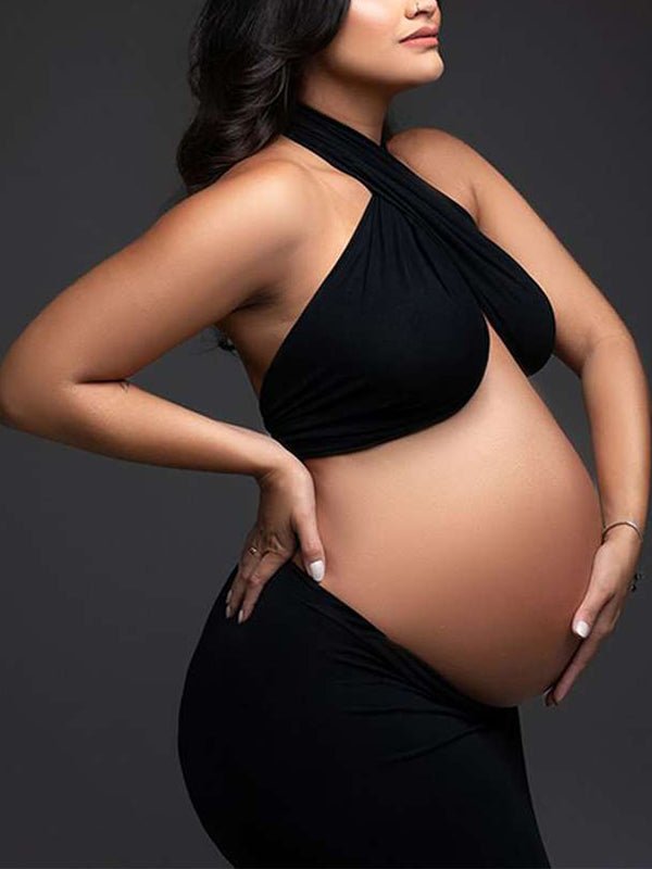 Momyknows Black Cut Out Crop Thigh High Side Slits Ruched Knot Halter Neck Fashion Photoshoot Maternity Maxi Dress, Black / XL