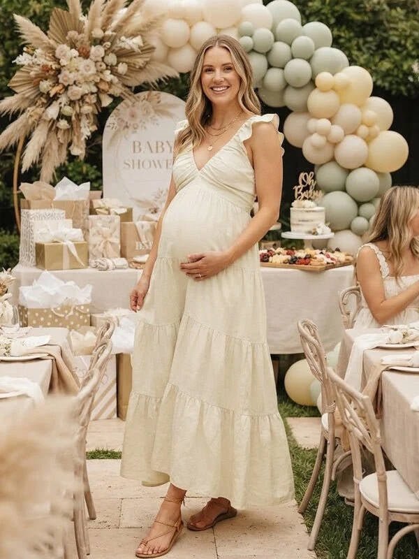 Momyknows V-neck Solid Color Falbala Ruffle Backless A-Line Maternity Baby Shower Maxi Dress - Apricot - 1