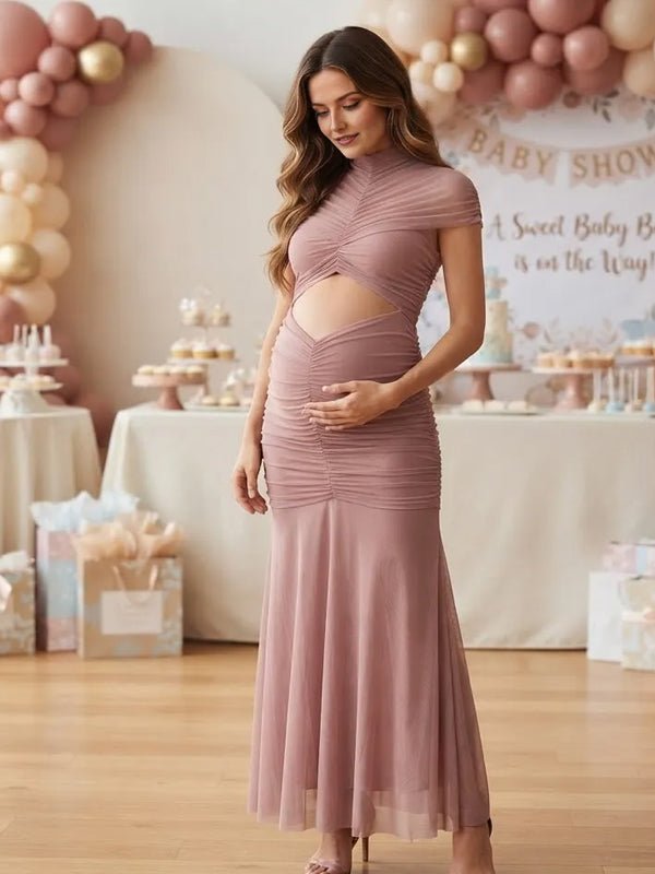 Momyknows Bean Paste Color Ruched Sheer Bare Midriff Maternity Baby Shower Maxi Dress - Bean Paste Color - 2