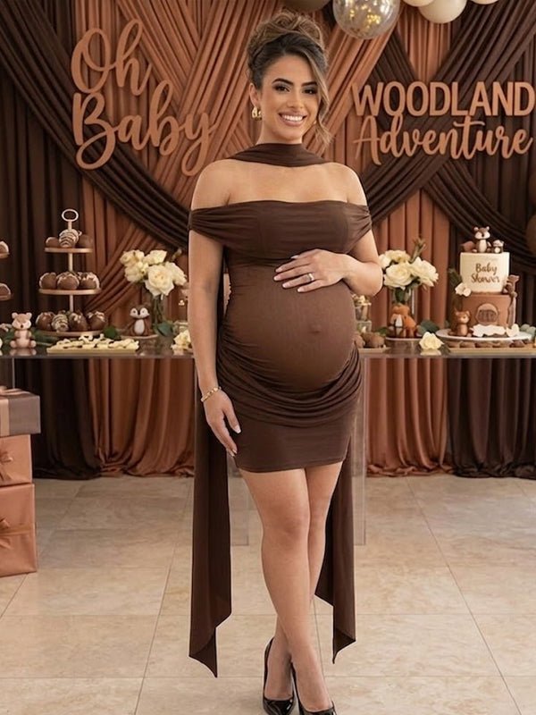 Momyknows Off Shoulder Ruched Sheer Ribbon Splicing Maternity Baby Shower Mini Dress - Brown - 3
