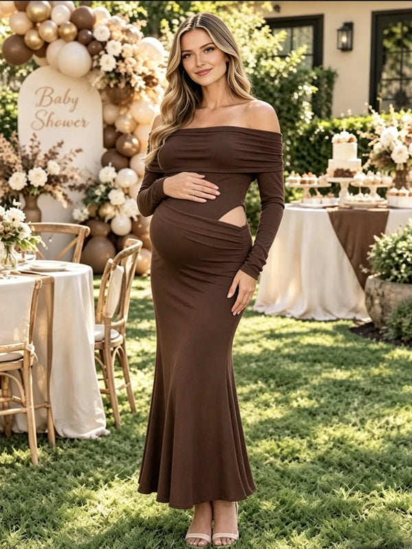 Brown Off Shoulder Maternity Maxi Dress with Spliced Detail and Flattering Silhouette