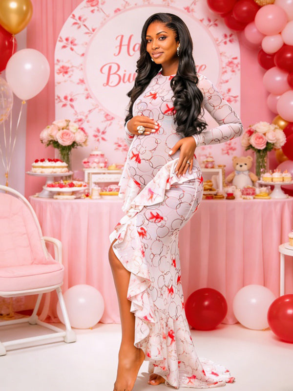 Momyknows White Print Sheer Falbala Side Slit Maternity Baby Shower Maxi Dress