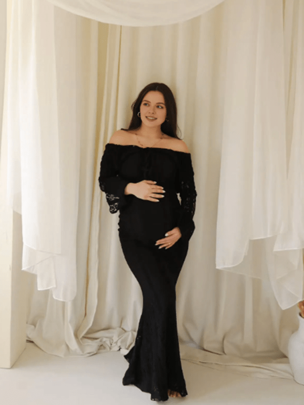 Momyknows Elegant Black Off Shoulder Lace Photoshoot Maternity Maxi Dress