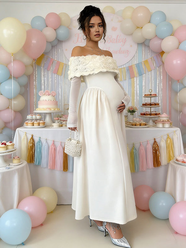 Momyknows Buff Off Shoulder 3D Flower Spliced Maternity Baby Shower Maxi Dress
