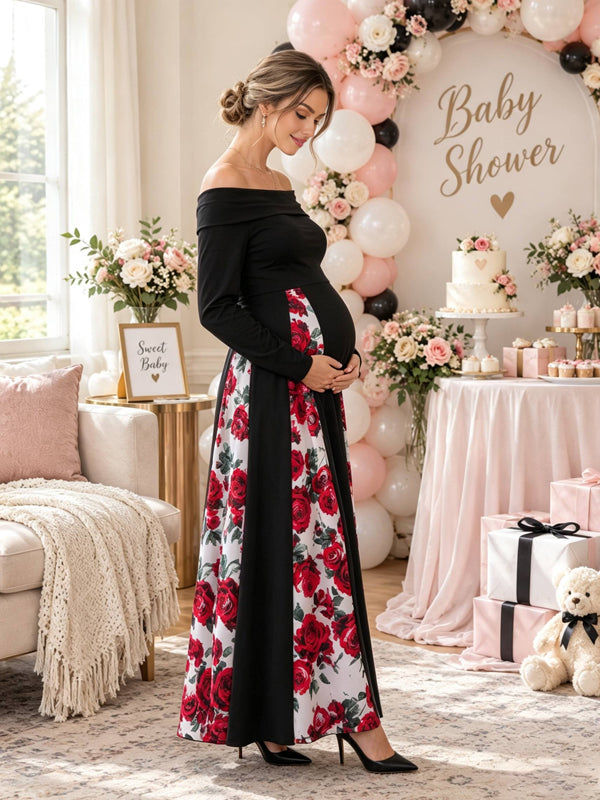 Black Off-the-Shoulder Maxi Maternity Dress with Contrasting Printed Panels