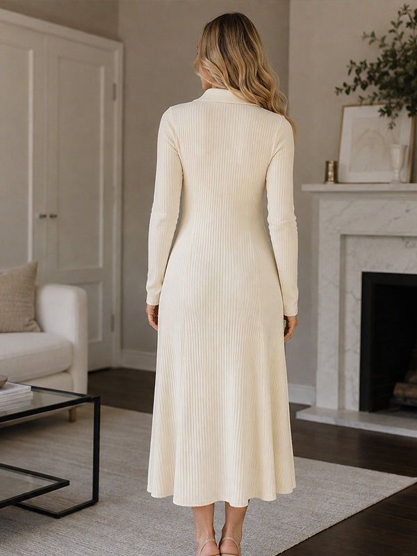 White Maternity Midi Dress with Crochet Texture and Button Detail and Flared Swing Fit