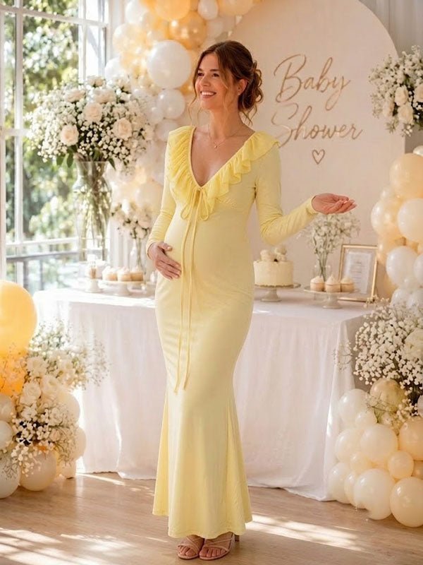 Momyknows Elegant Yellow Falbala Bodycon Lace-Up Baby Shower Maternity Maxi Dress - Yellow - 2