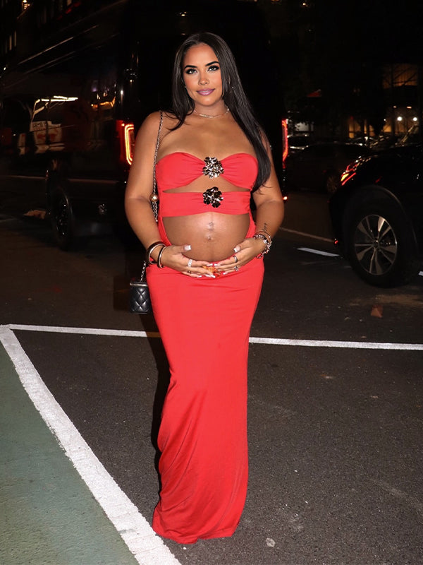 Momyknows Buckle Cut Out Tube Party Maternity Maxi Dress