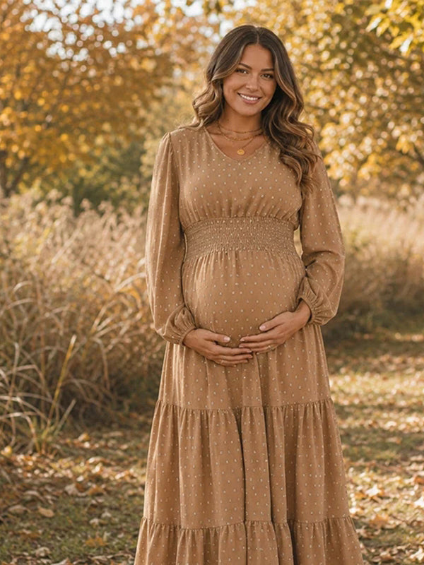 Elegant Ruffle Smocked A-line Photoshoot Maternity Midi Dress