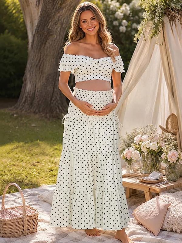 Momyknows Apricot Chic Off Shoulder Polka Dot Bow 2-in-1 Maternity Maxi Dress