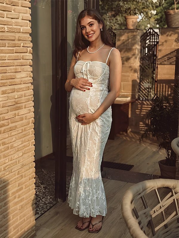 Momyknows White Lace Corset Spaghetti Straps Mermaid Bodycon Elegant Cocktail Party Maternity Baby Shower Maxi Dress - White - 4