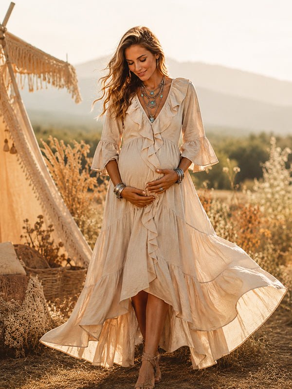 Momyknows Apricot Elegant Irregular Falbala Maternity Photoshoot Maxi Dress - Apricot - 1