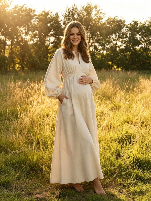 Apricot Solid-Color Maternity Maxi Dress with V-Neck and Pockets