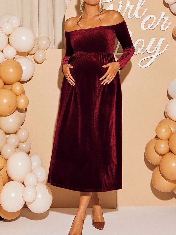 Wine Red Off Shoulder Maternity Midi Dress with Flattering Neckline and Flared Silhouette