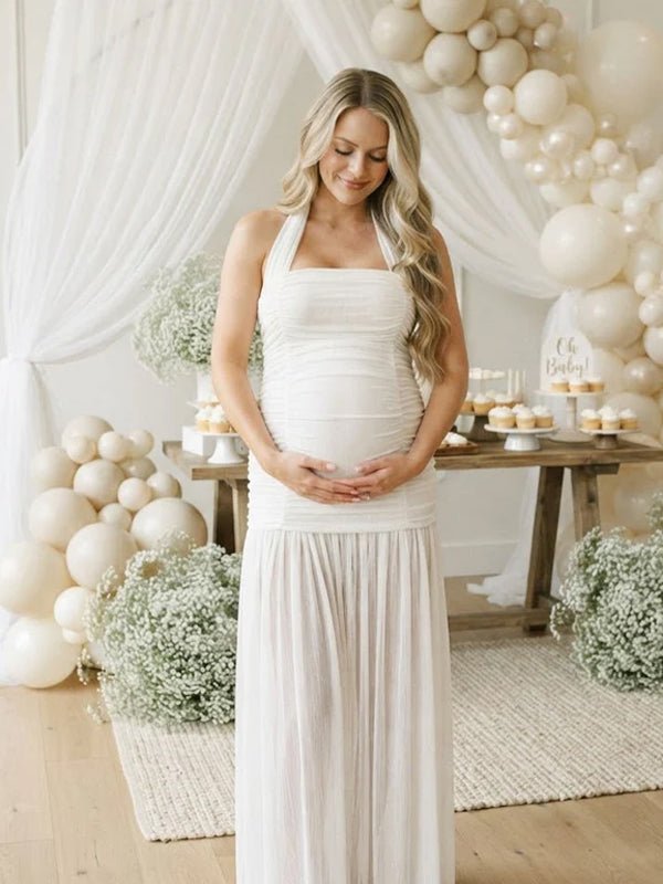 Momyknows White Halter Neck Side Slit Ruched Backless Grenadine Maternity Baby Shower Maxi Dress - White - 1