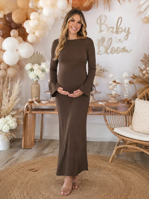 Brown Elegant Lace Up Baby Shower Maternity Maxi Dress