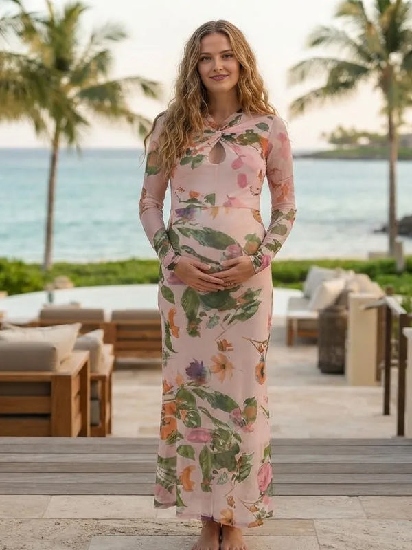 Pink Print Maternity Maxi Dress with Ruched Detail and Knot Design and Flattering Silhouette