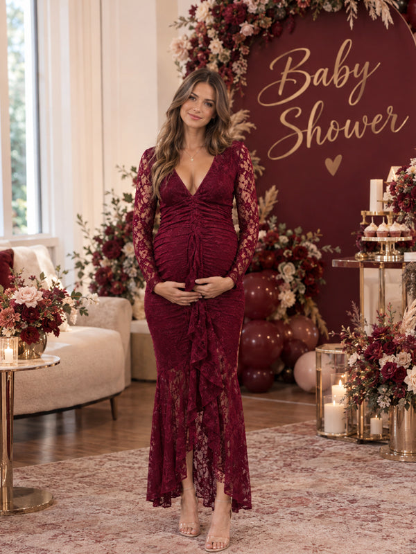 Wine Red Lace Maternity Maxi Dress with Ruffle Details and Flattering Fit, Baby Shower Occasion