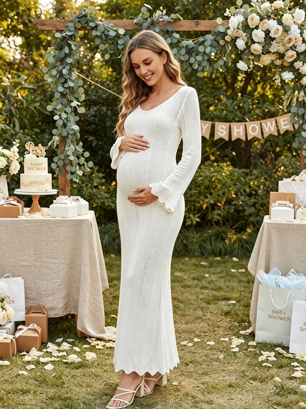 White V-Neck Maternity Dress with Cut-Out Details and Flared Sleeves and Crochet Accents, Baby Shower