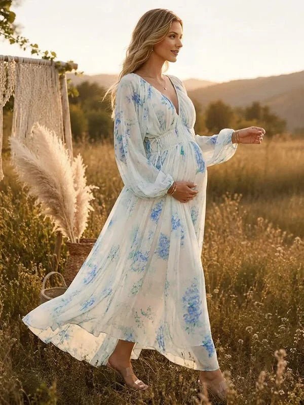 Momyknows Blue Elegant Floral Drawstring Ruffle Flowy Maternity Photoshoot Maxi Dress - Blue - 3