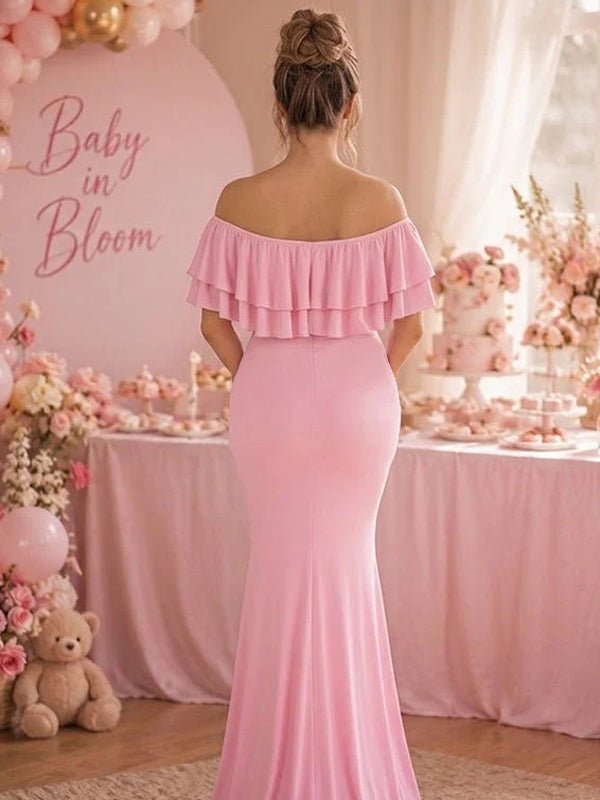 Momyknows Pink Off Shoulder Open Back Bodycon Ruched A-Line Maternity Baby Shower Maxi Dress - Pink - 3