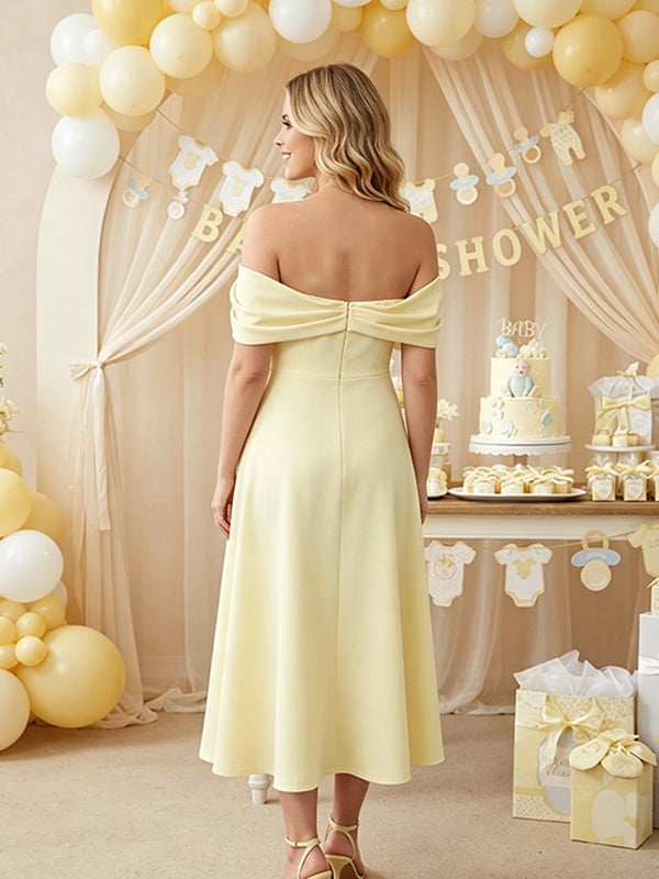 Yellow Off-the-Shoulder Maternity Dress with Elegant Details and Form-Fitting Fit