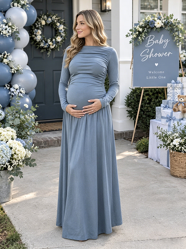 Blue Maternity Maxi Dress with Ruched Detail and Off Shoulder Big Swing Design