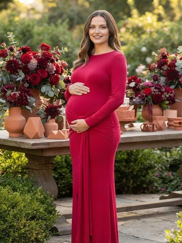 Momyknows Red Ruched Lace Up Bodycon Maternity Baby Shower Maxi Dress - Red - 3