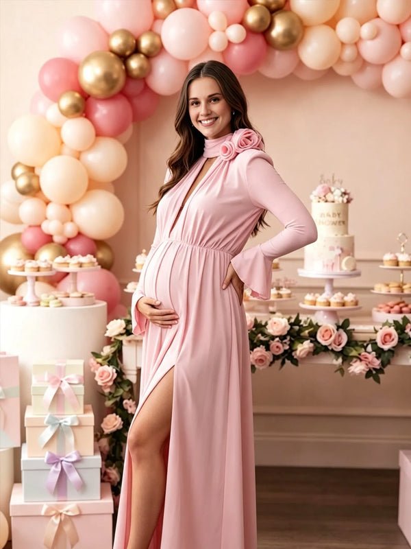 Momyknows Pink 3D Flower Double Slit Flare Sleeve V-Neck Cut Out Babyshower Maternity Maxi Dress - Pink - 2