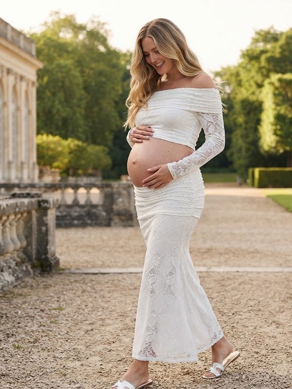 White Lace Maternity Maxi Dress with Off Shoulder Design and Figure-Flattering Shape