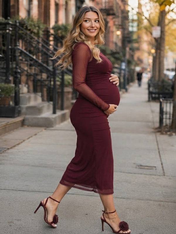 Red Two Piece Maternity Midi Dress with Spaghetti Straps and Sheer Detail
