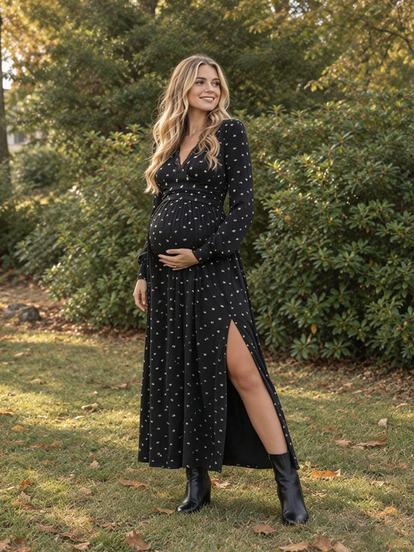 Black Lace Maternity Maxi Dress with Bowknot Accent and High Side Slit