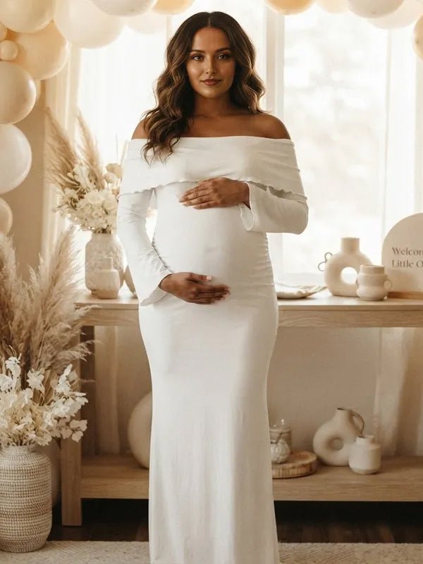Momyknows Off Shoulder Side Slit Backless Flare Sleeve Ruched Maternity Baby Shower Maxi Dress - White - 3