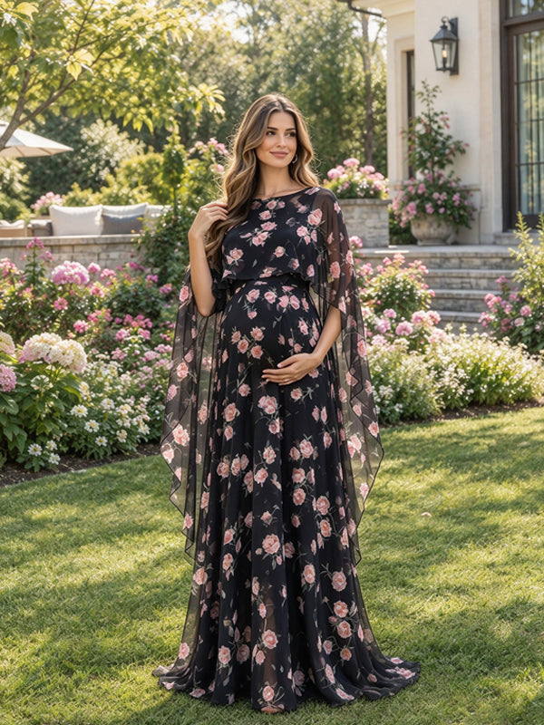 Black Printed Maternity Maxi Dress with Elegant Cape Sleeves and Flared Silhouette