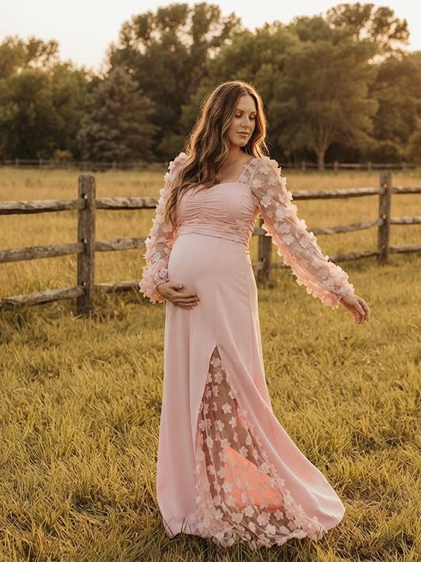 Pink Ruched Lace Maternity Maxi Dress with Spliced 3D Flower Detail
