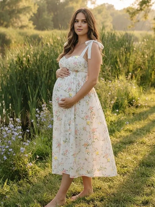 Momyknows White Smocked Spaghetti Strap Print Backless Maternity Photoshoot Midi Dress - White - 2