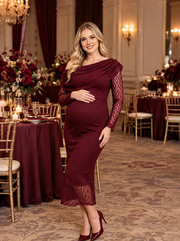 Red Plus Size Lace Maternity Dress with One-Shoulder Design and Elegant Fit, Wedding Guest