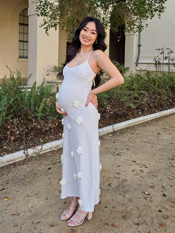 White Spaghetti Strap Backless 3D Flowers Maternity Maxi Dress