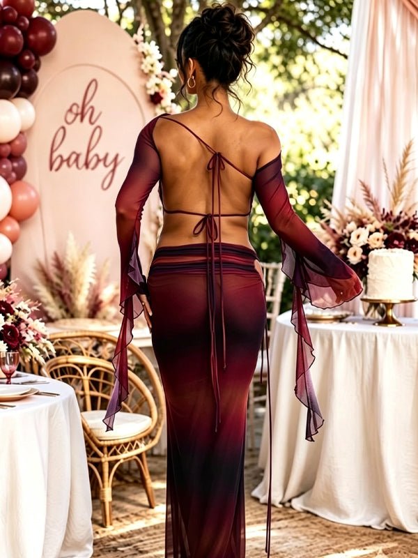 Momyknows Red Open Back Lace-Up Ruched Bodycon Mermaid Maternity Baby Shower Maxi Dress - Red - 3