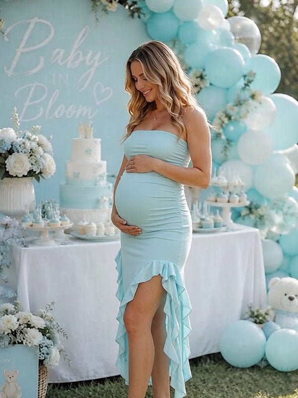 Momyknows Elegant Blue Bandeau Bodycon Falbala Baby Shower Maternity Maxi Dress - Blue - 2