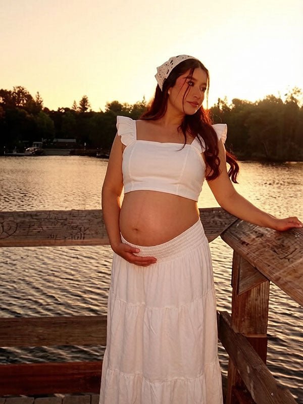 Momyknows Chic White 2-in-1 Falbala A-Line Shirring Vacation Maternity Maxi Dress - White - 3